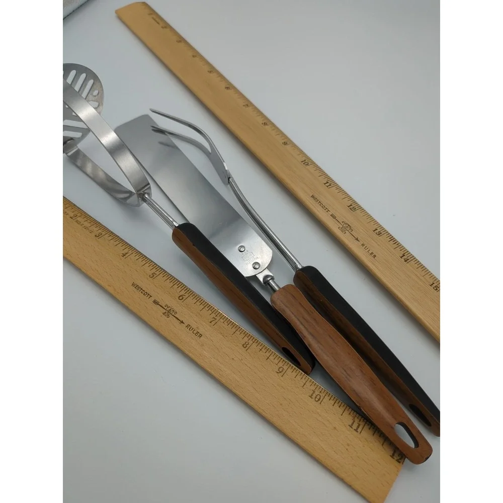 Vtg EKCO Stainless Cooking Utensils Woodgrain‎ Faux Wood Set of 3 Retro USA